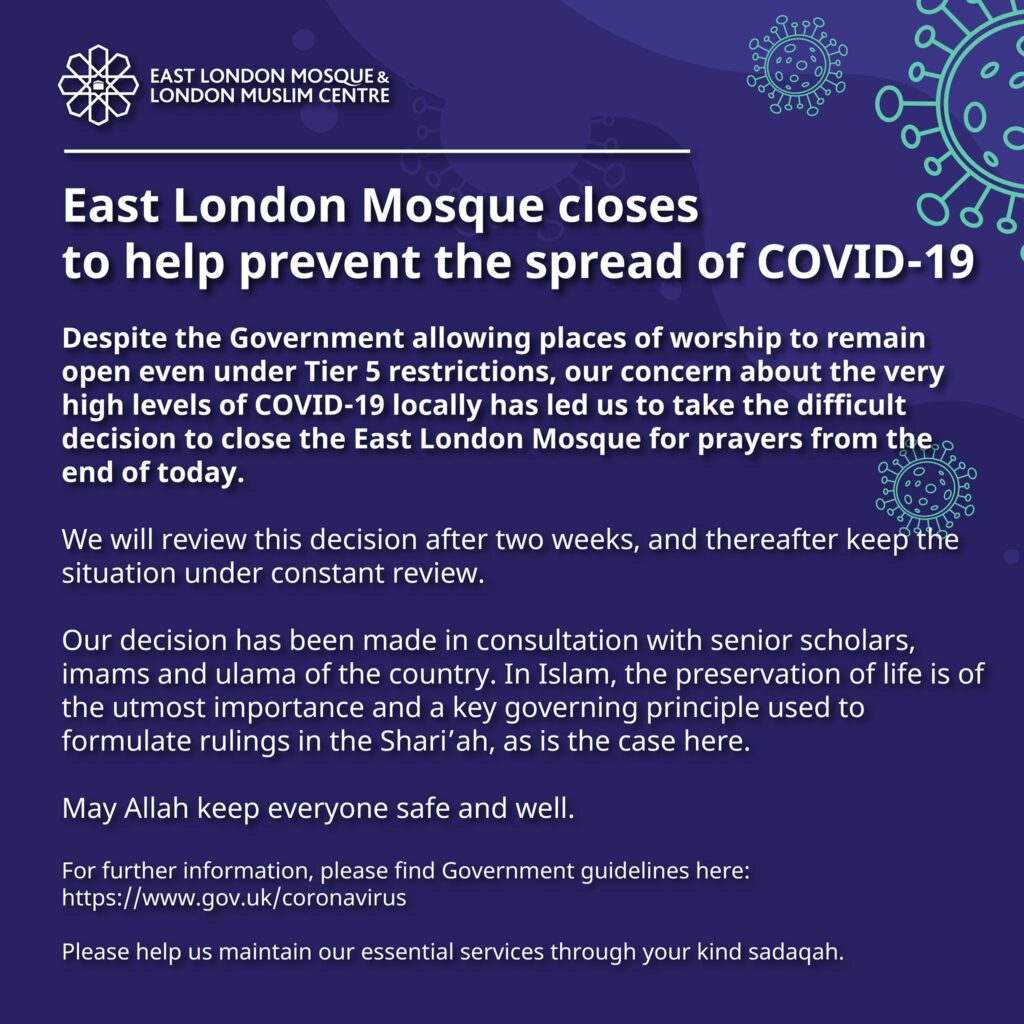 East London Mosque Closure Statement Source: Facebook